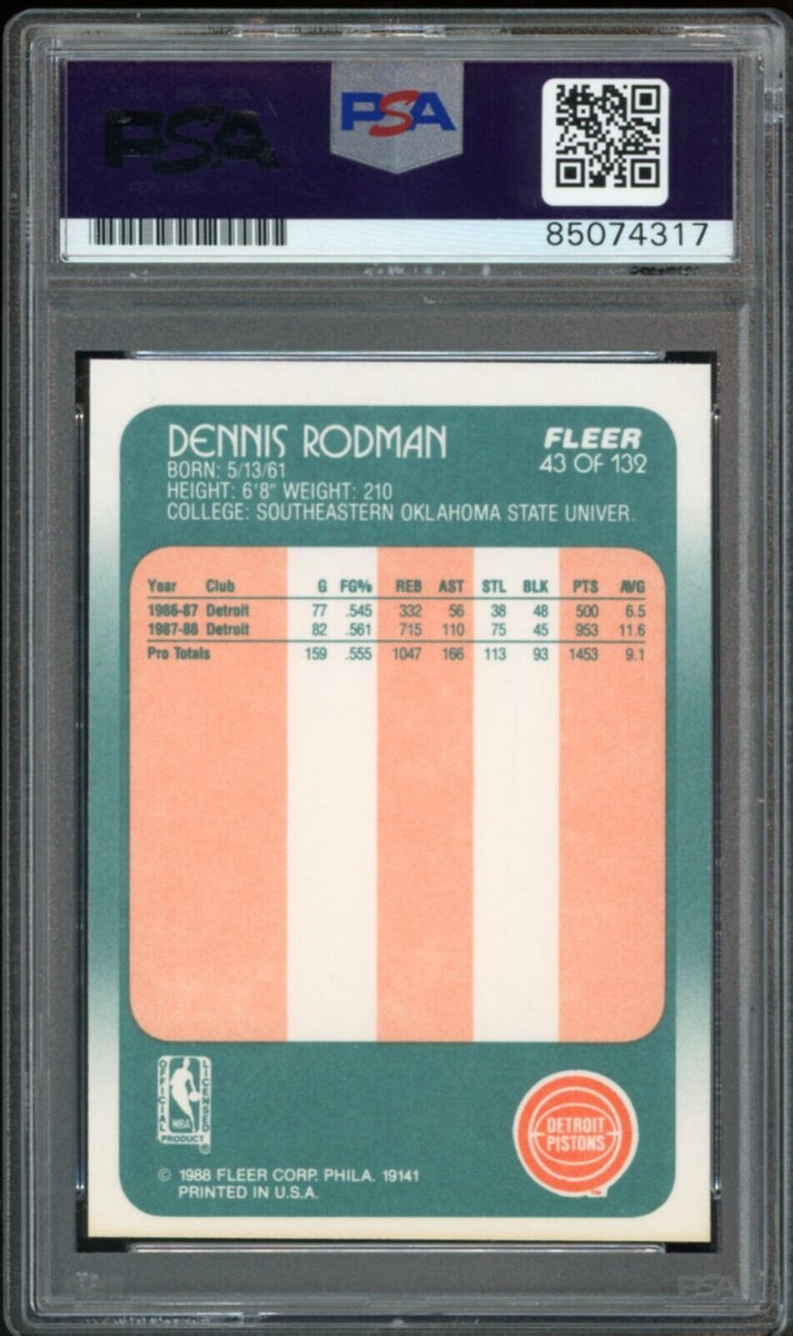 1988 Fleer #43 Dennis Rodman RC Rookie Pistons On Card PSA/DNA 