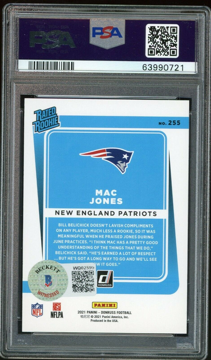 Mac Jones 2021 Donruss Mint Rated Rookie Card #255 picturing this First  Round Pick in his Blue New England Patriots Jersey