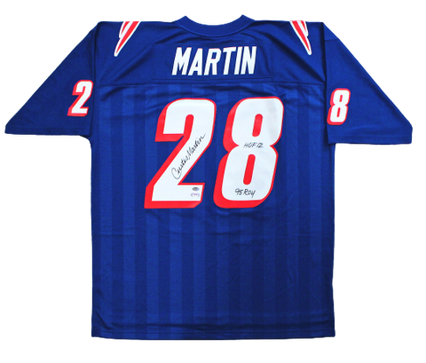 Curtis Martin NE Patriots Signed Blue HOF/ROY Insc Mitchell & Ness Jersey PSA