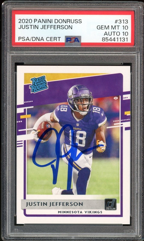 justin jefferson graded card 2020 Donruss Rated Rookie #313 Justin Jefferson On Card PSA 10/10 Auto GEM MINT