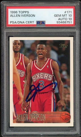 1996 Topps #171 Allen Iverson RC Rookie 76ers On Card 10/10 Auto GEM MINT