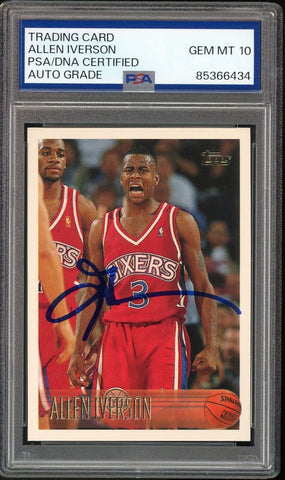 1996 Topps #171 Allen Iverson RC Rookie 76ers On Card PSA/DNA Auto GEM MINT 10