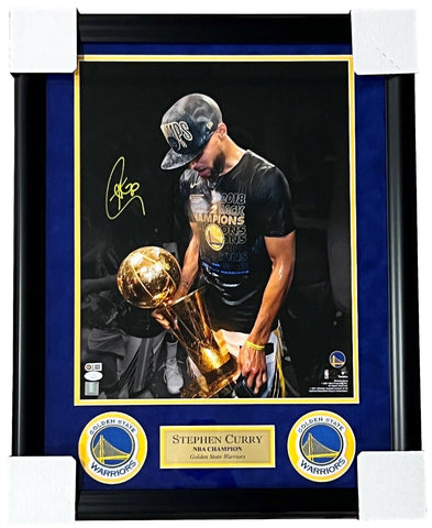 Stephen Curry Warriors Signed Trophy Spotlight 16x20 Matted & Framed Photo JSA