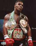 Mike Tyson Boxer Signed Wearing Championship Belts 8x10 Photo BAS Beckett