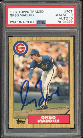 1987 Topps Traded #70T Greg Maddux Cubs On Card PSA/DNA 10/10 Auto GEM MINT