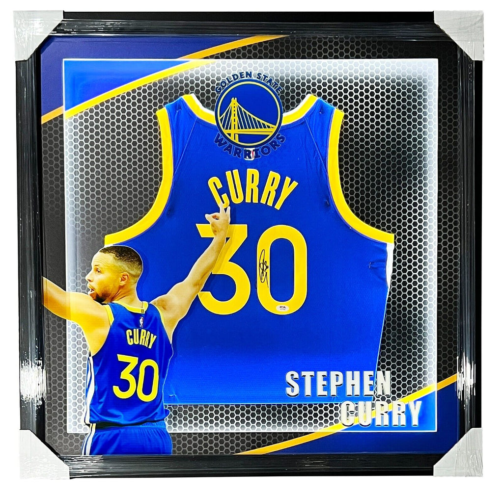 Warriors Stephen Curry Signed Hand Painted Yellow Nike Framed Jersey BAS LOA