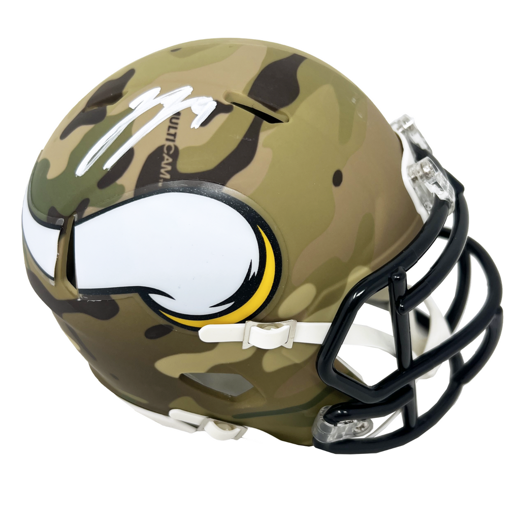 camo football helmet J.J. McCarthy Minnesota Vikings Signed Riddell Camo Mini Helmet BAS Be – Diamond Legends Online
