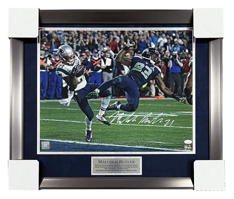 Malcolm Butler Patriots Signed Super Bowl XLIX 16x20 Matted & Framed Photo JSA