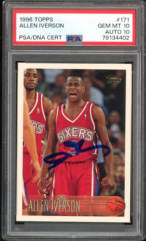 1996 Topps #171 Allen Iverson RC Rookie 76ers On Card PSA 10/10 Auto GEM MINT