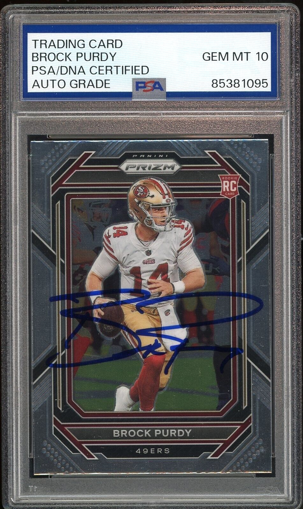 graded brock purdy rookie card 2022 Panini Prizm #353 Brock Purdy RC Rookie On Card PSA/DNA Auto GEM – Diamond Legends Online