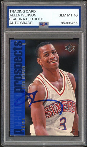 1996 SP #141 Allen Iverson RC Rookie 76ers On Card PSA/DNA Auto GEM MINT 10