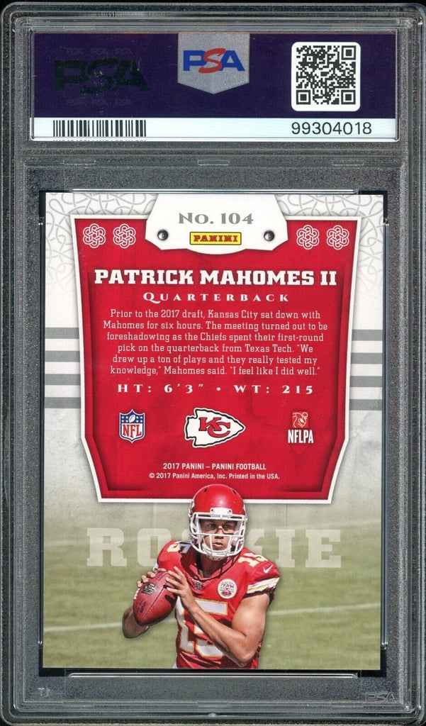 patrick mahomes rookie card graded 10 2017 Panini #104 Patrick Mahomes RC Rookie On Card PSA 10/10 Auto GEM MINT