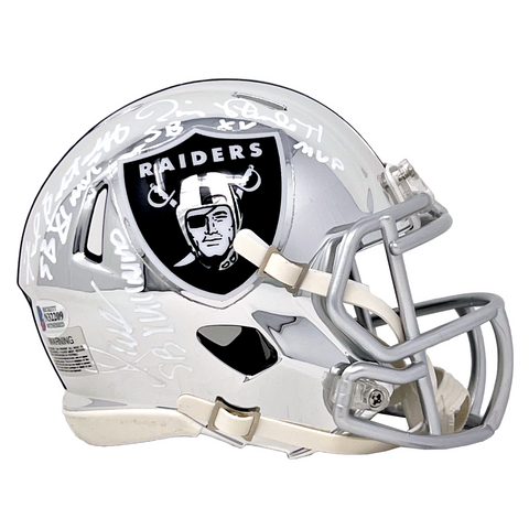 Oakland Raiders Biletnikoff/Plunkett/Allen SB MVPs Signed Chrome Mini Helmet BAS