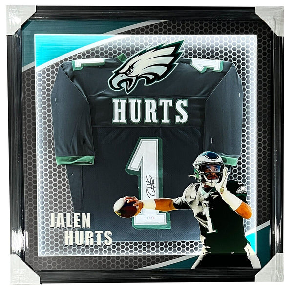 Jalen Hurts Signed 35" x 43" Custom Framed BLACK Eagles Jersey  Display JSA++