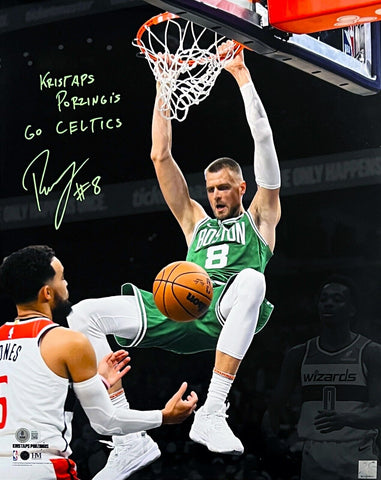 Kristaps Porzingis Boston Celtics Signed Full Name Ins GO CELTICS Dunk 16x20 BAS