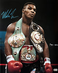Mike Tyson Boxer Signed Wearing Championship Belts 16x20 Photo BAS Beckett