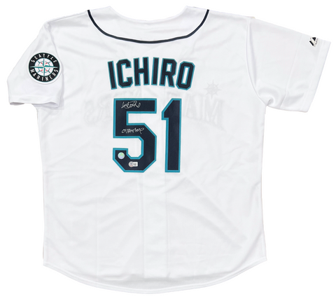 Ichiro Suzuki Seattle Mariners Signed 01 Roy/MVP Insc Majestic White Jersey BAS
