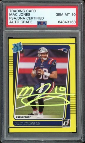 2021 Donruss Rated Rookie Yellow #255 Mac Jones On Card PSA/DNA Auto GEM MINT 10