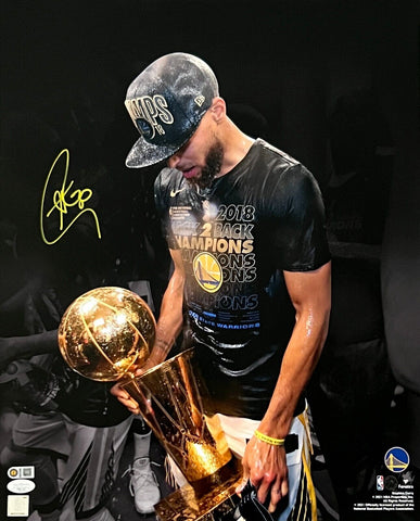 Stephen Curry Golden State Warriors Signed Championship Trophy 16x20 Photo JSA