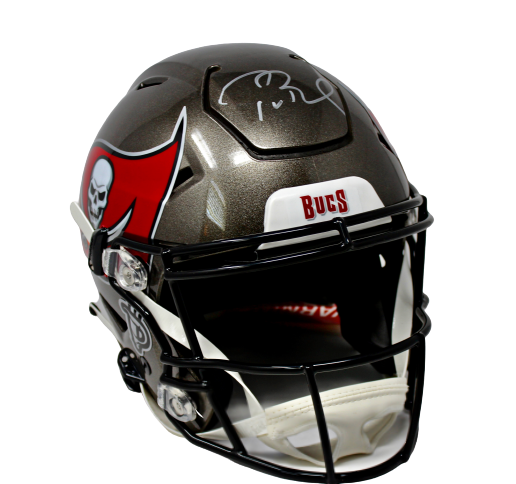 buccaneer motorcycle helmet Tampa Bay Buccaneers Tom Brady Rob Gronkowski, Bruce Arians, Mike Evans Super Bowl Champions 20-21 Riddel Speed Full size signed along with city name abbreviations on front bumpers NFL - New Helmet Concept