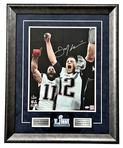 Julian Edelman Patriots Signed SB LIII Tom Brady 16x20 Matted & Framed Photo JSA