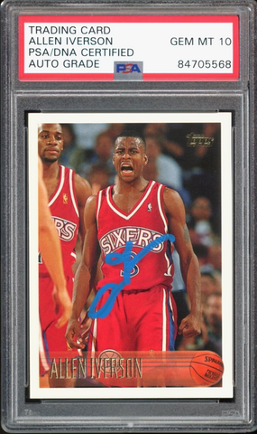 1996 Topps #171 Allen Iverson RC On Card Blue Ink PSA/DNA Auto GEM MINT 10