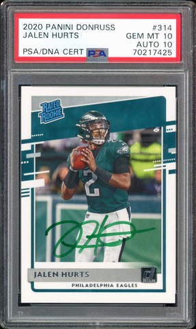 2020 Donruss Rated Rookie Jalen Hurts On Card Green Ink PSA 10/10 Auto GEM MINT