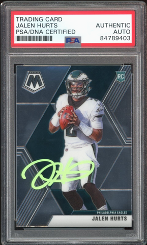 2020 Panini Mosaic #222 Jalen Hurts RC On Card Green PSA/DNA Auto Authentic