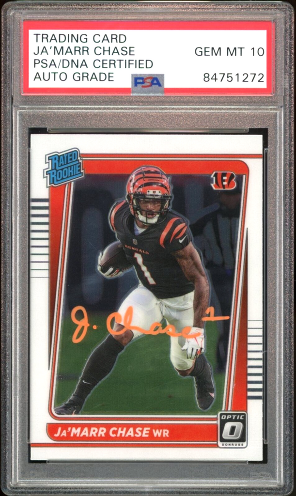 Ja'Marr Chase 2021 Panini Prizm Rookie Gear Neon Green Pulsar #7 RC (PSA 9)