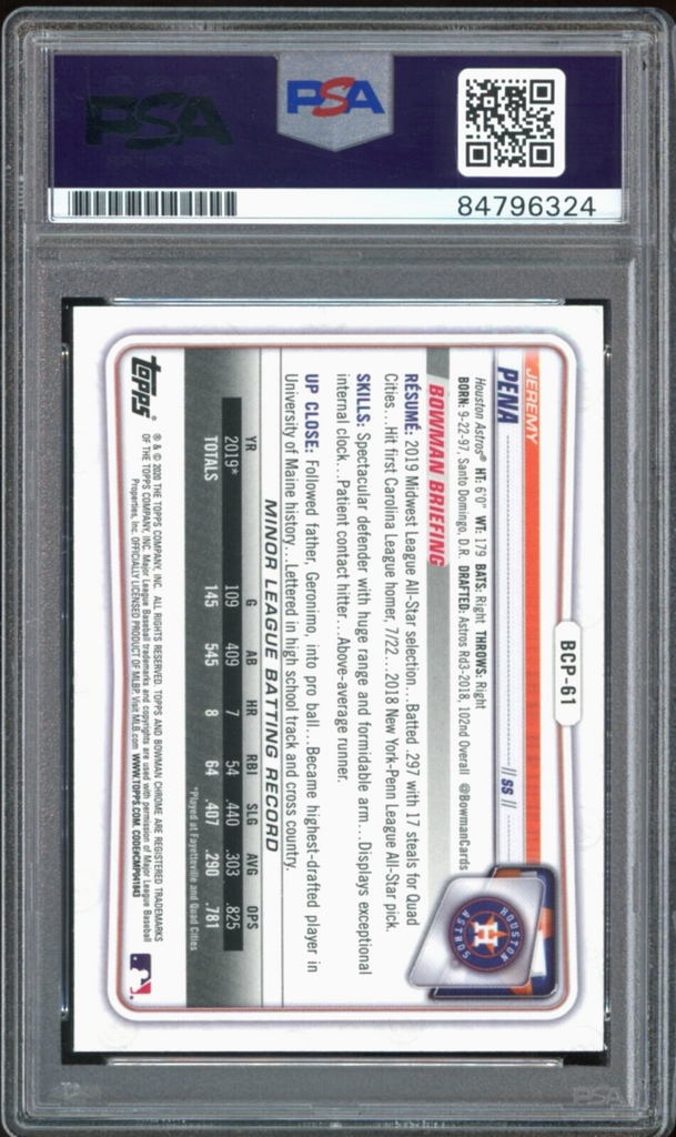 Jeremy Pena 2020 Bowman Chrome 1st Bowman Chrome Speckle Autograph Card  #CPA-JP 241/299 PSA 10 Gem Mint