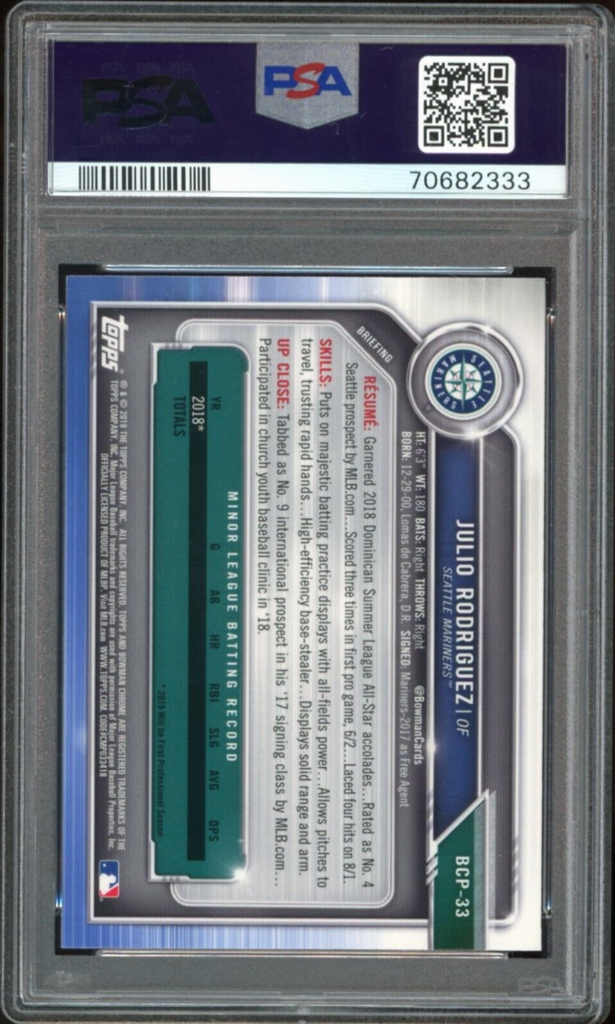 2019 Bowman Chrome Mega #BCP33 Julio Rodriguez RC Mariners PSA 10