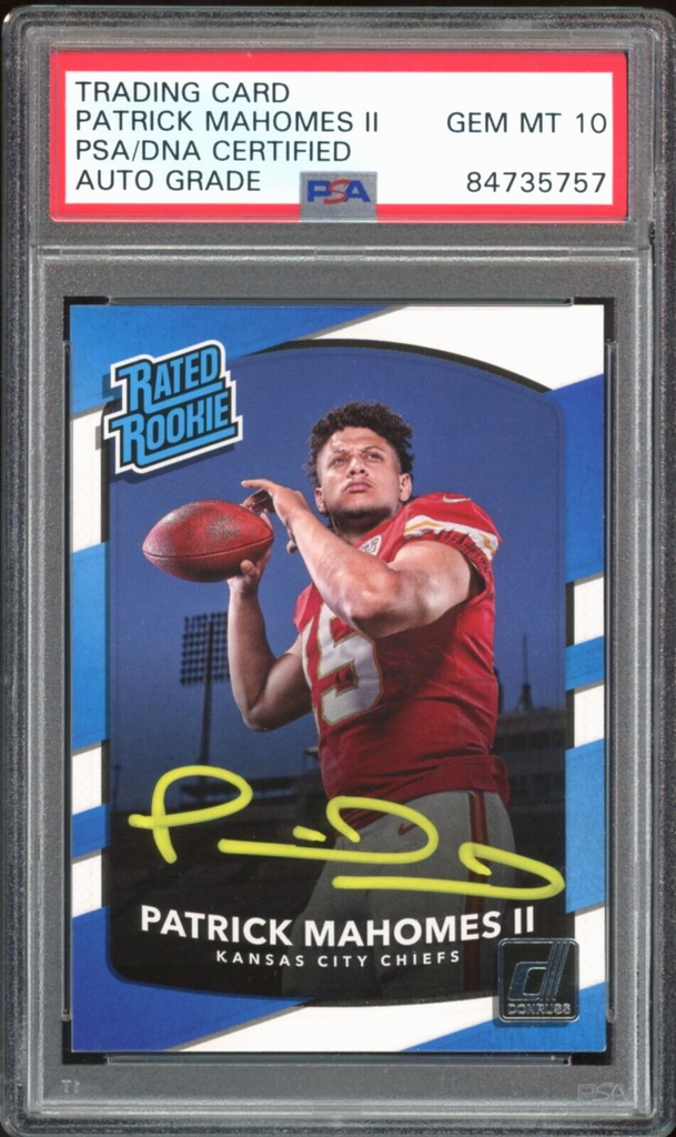 graded patrick mahomes rookie card 2017 Donruss Rated Rookie Patrick Mahomes RC Yellow Ink PSA/DNA Auto G – Diamond Legends Online