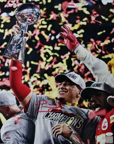 Patrick Mahomes Kansas City Chiefs Signed 16x20 SB LIV MVP Trophy Photo JSA