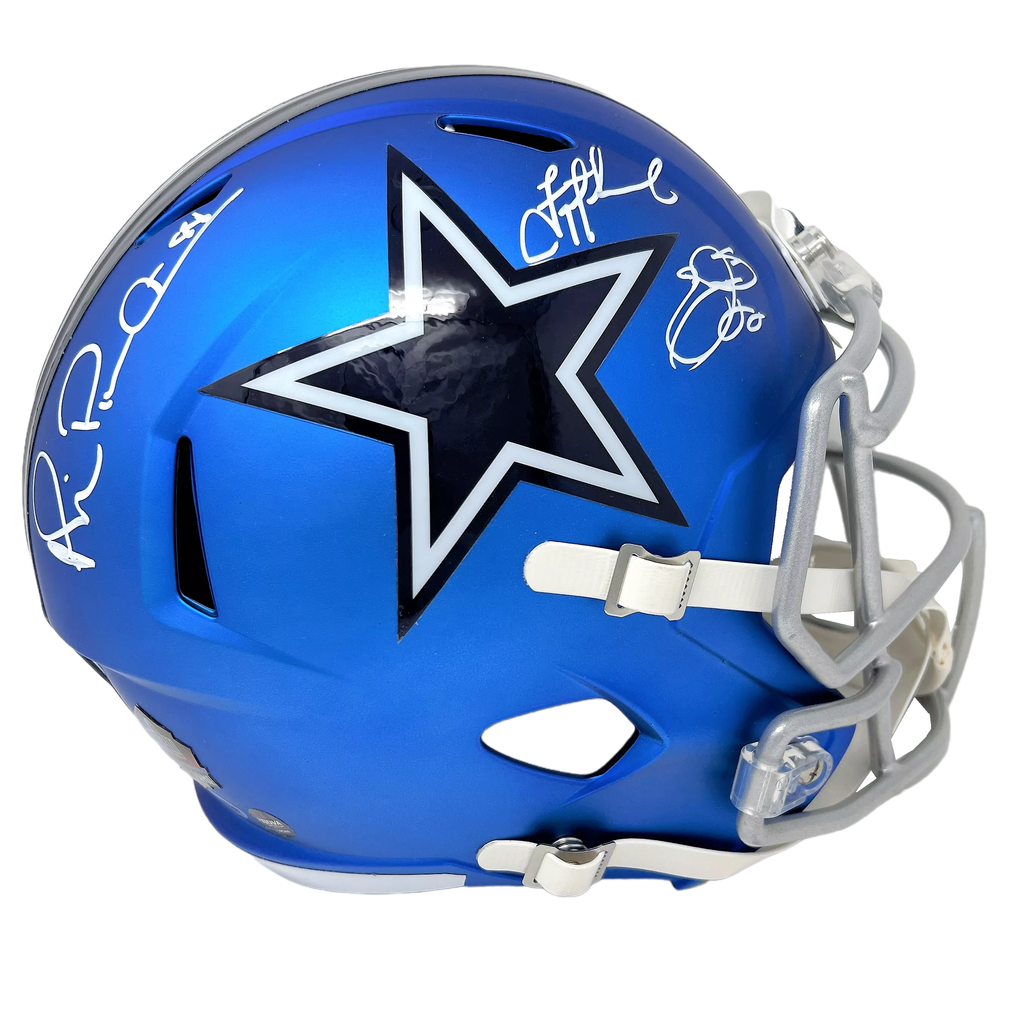 emmitt smith removing helmet Emmitt Smith/Troy Aikman/Michael Irvin Dallas Cowboys Signed Blaze Hel – Diamond Legends Online